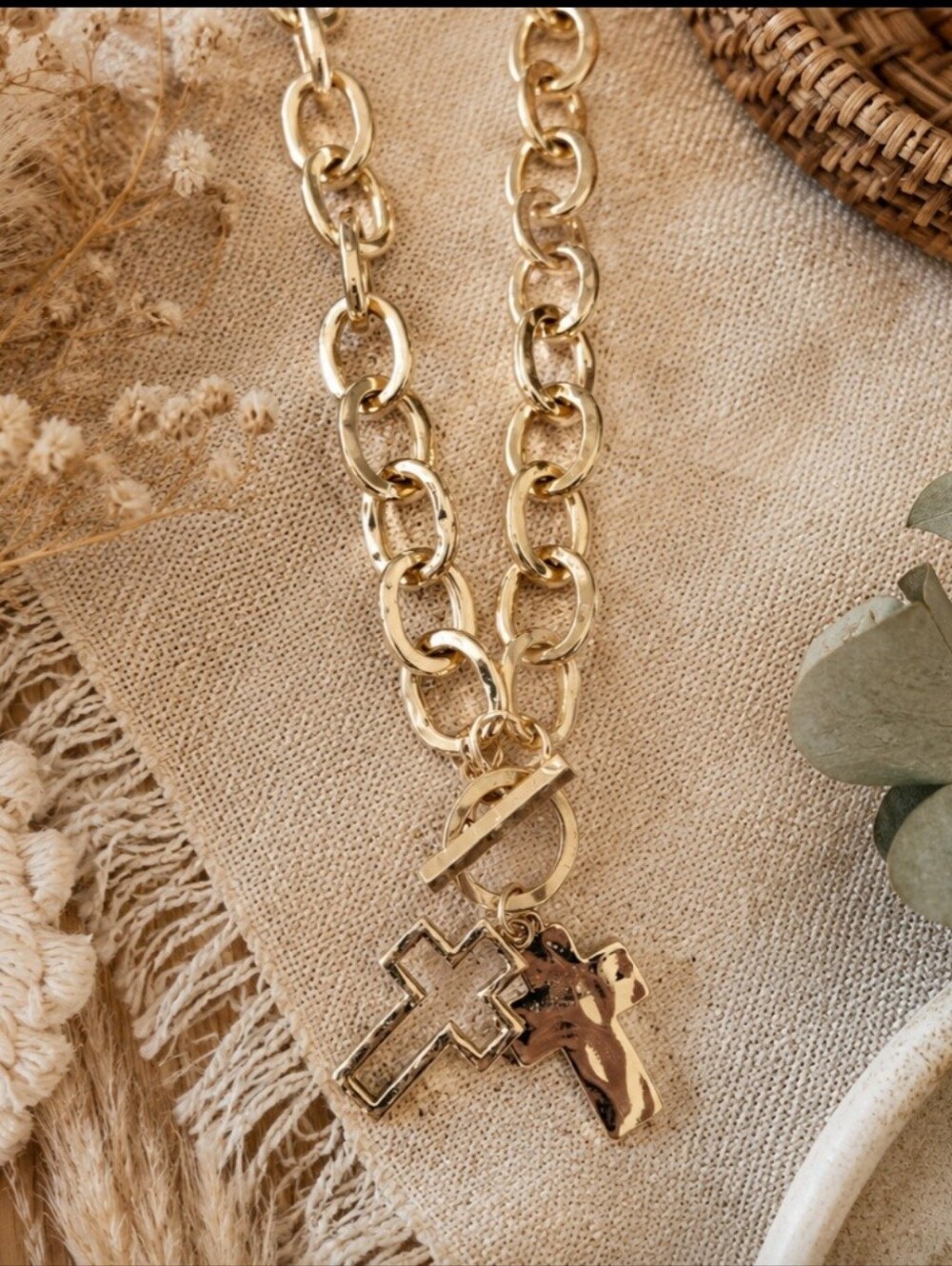 Gold Double Cross Charm Toggle Necklace - Women Jewelry